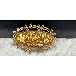 Vintage Damascene Brooch Enamel Flowers Birds Gold Tone